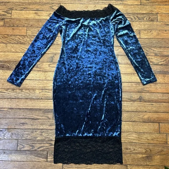 Blue Lace Velvet Off Shoulder Dress S NWT - Picture 5 of 8